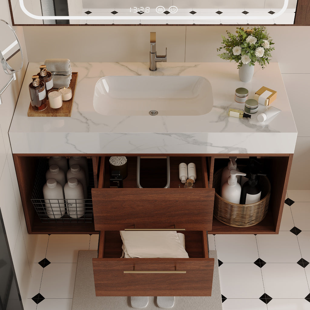 39.4 Floating Bathroom Vanity With Ceramic Sink,Wall Mounted Vanity 2 Soft Close Drawer And White Slate Top