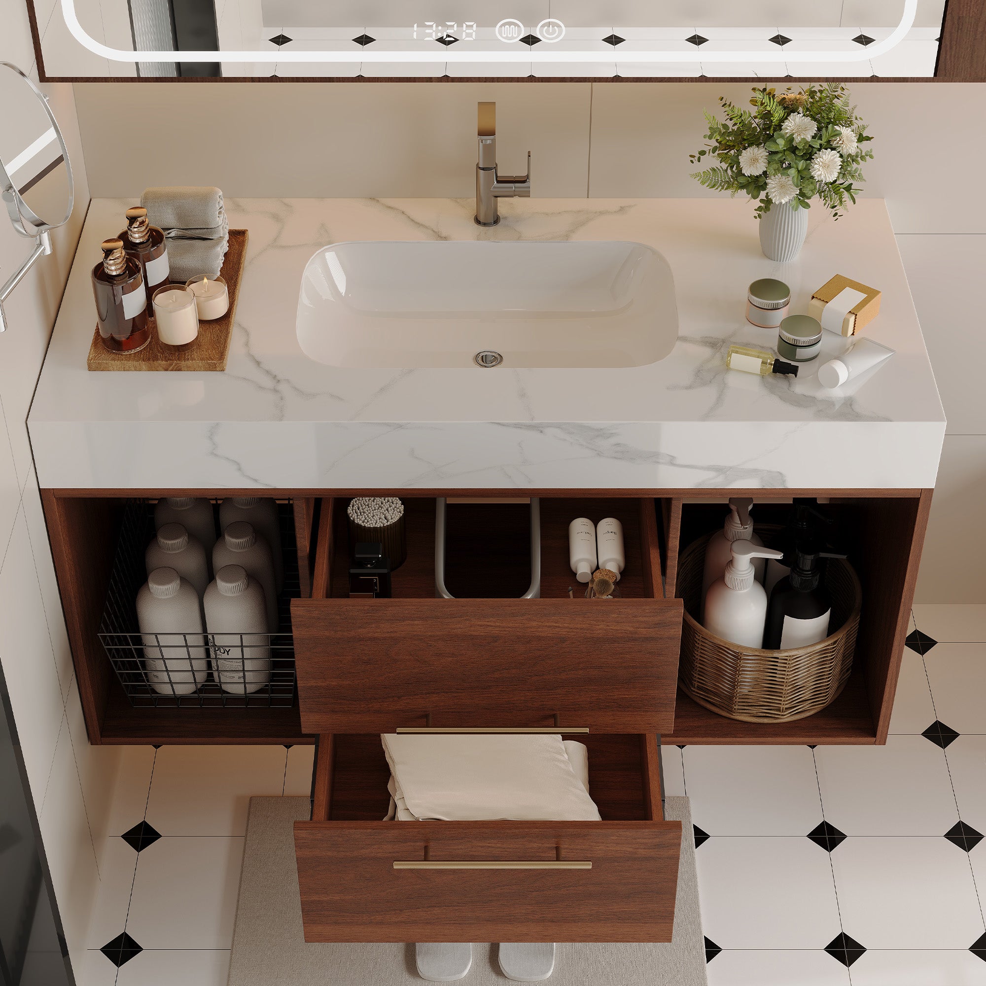 39.4 Floating Bathroom Vanity With Ceramic Sink,Wall Mounted Vanity 2 Soft Close Drawer And White Slate Top