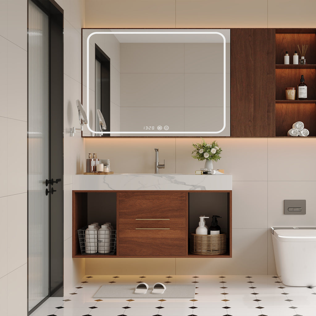 39.4 Floating Bathroom Vanity With Ceramic Sink,Wall Mounted Vanity 2 Soft Close Drawer And White Slate Top