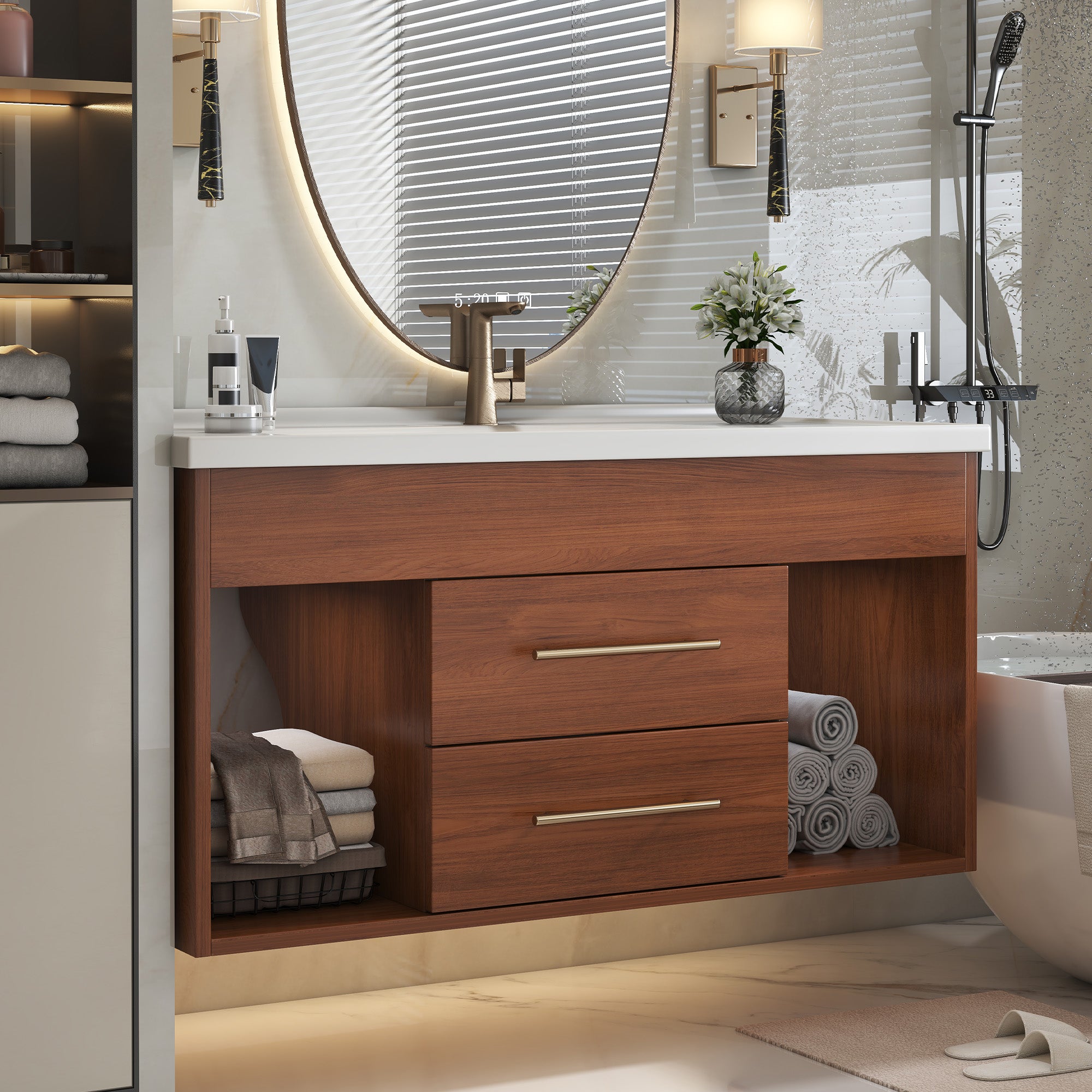 35.4 Mid-Century Modern Single Bathroom Vanity With Integrated Ceramic Undermount Sink