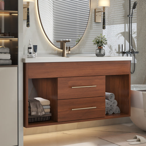 35.4 Mid-Century Modern Single Bathroom Vanity With Integrated Ceramic Undermount Sink
