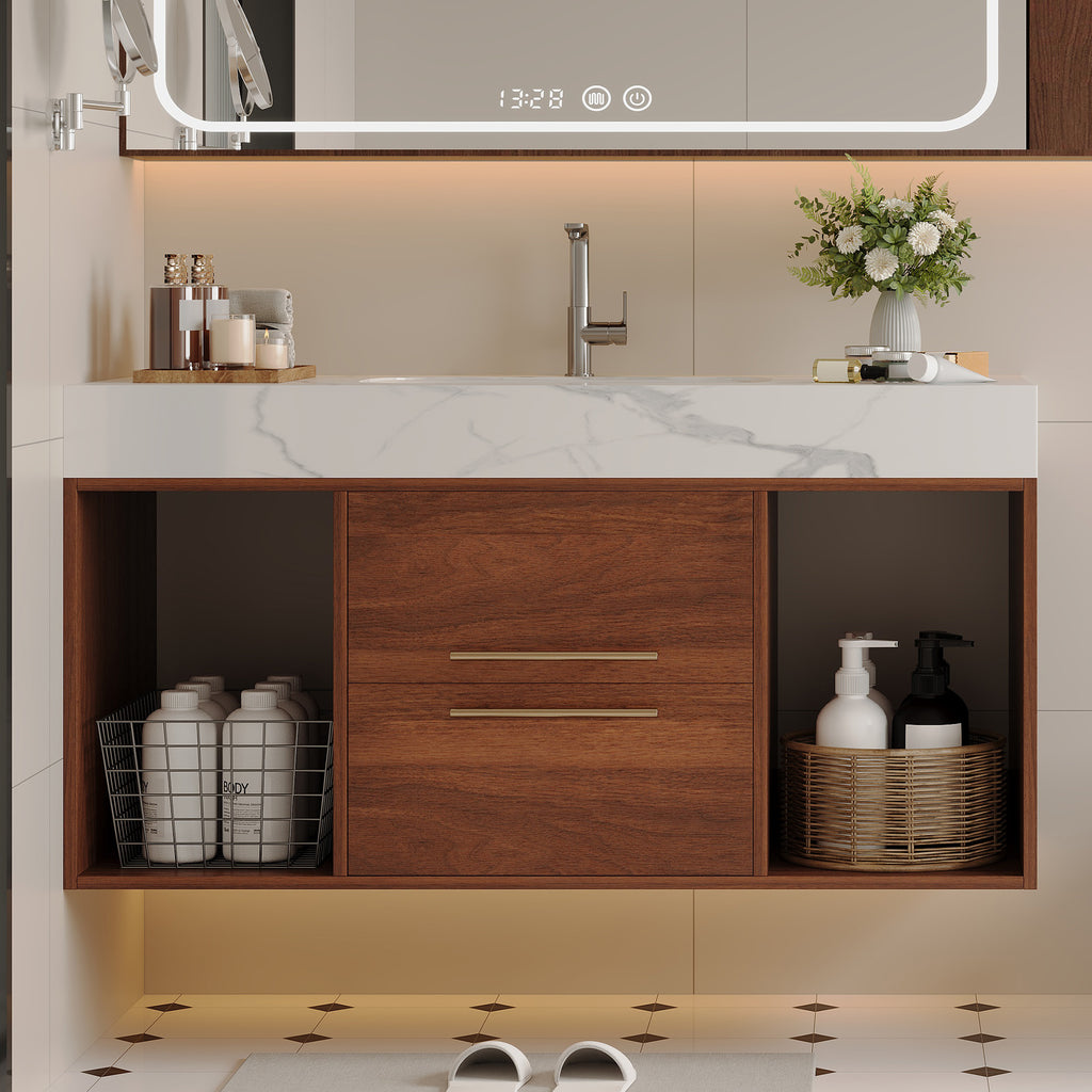 39.4 Floating Bathroom Vanity With Ceramic Sink,Wall Mounted Vanity 2 Soft Close Drawer And White Slate Top