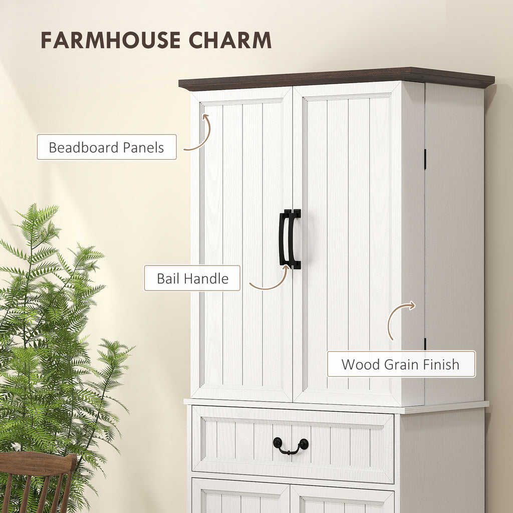 71" Led Kitchen Pantry Cabinet, Farmhouse Storage Cabinet With Door Shelves, Distressed White
