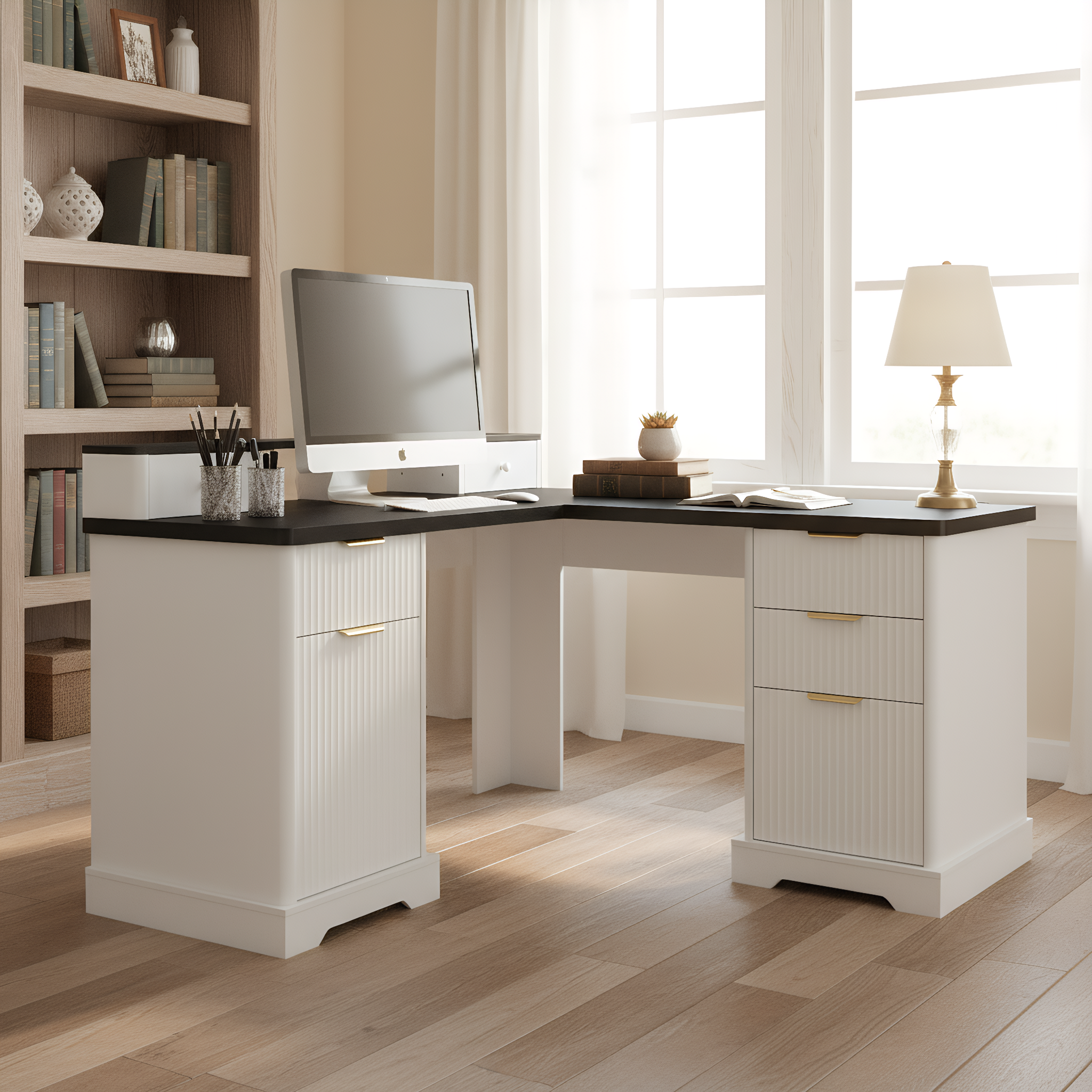 59 Modern Fluted L-Shaped Desk With Charging Station Storage Cabinet - Home Office Computer Desk With Monitor Stand, File Drawer And Removable Support Shelf For Study, Home Office, White