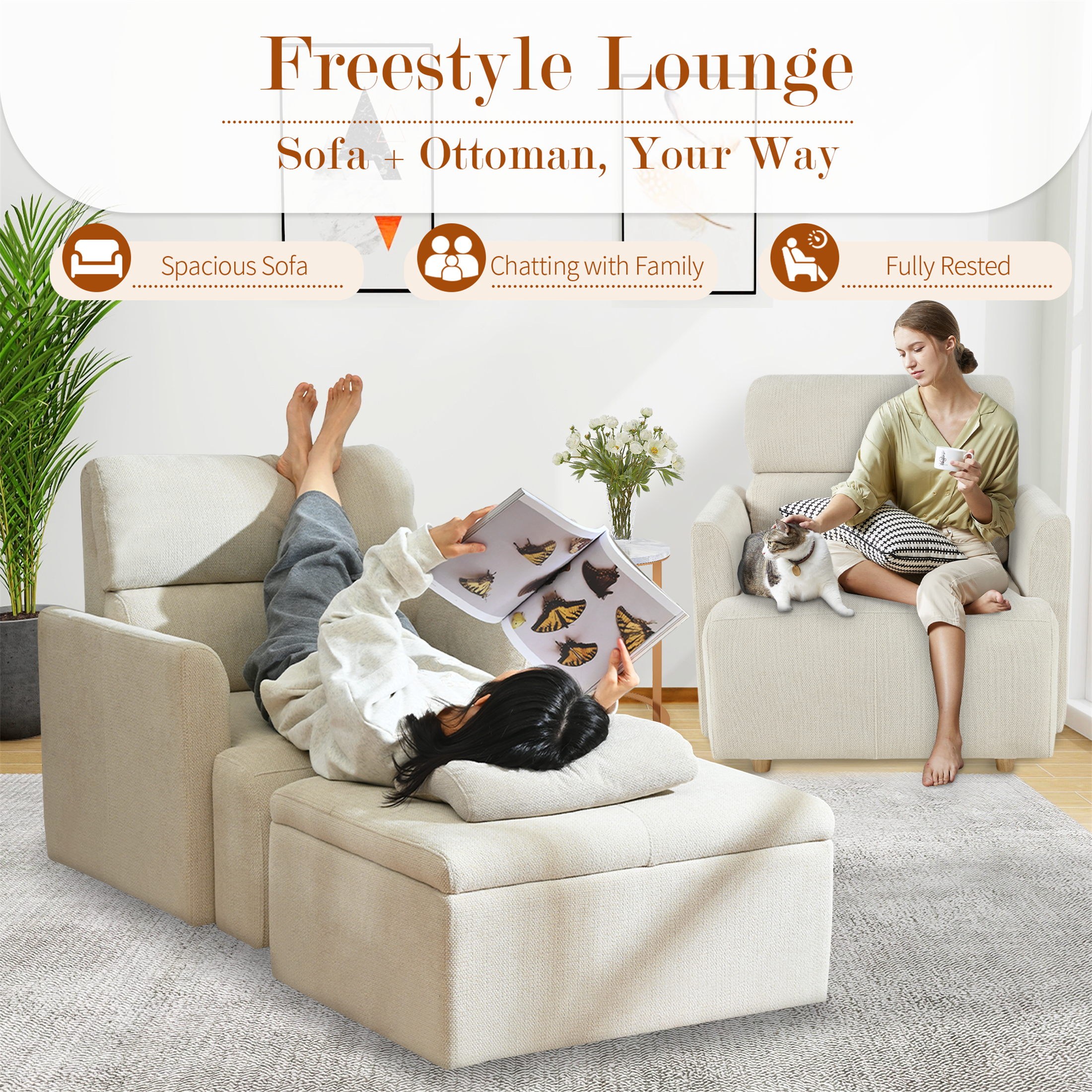 Oversized Chair W Storage Ottoman, Wide Accent Armchair Chair For Living Room, Modern Lounge Chair, Upholstered Mid-Century Reading Chair, Comfy Living Room Chair, Deep Seat Sofa Couch Beige Gray