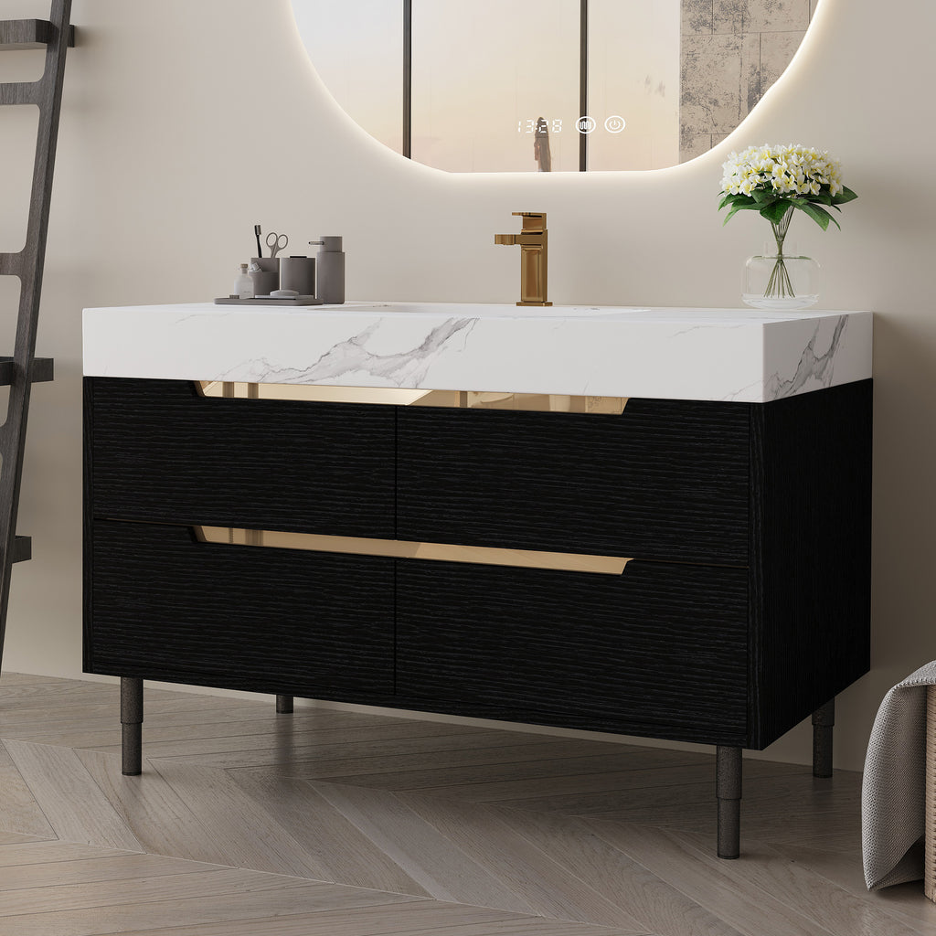 35.4 Modern Bathroom Vanity With Undermount Sink, Sintered Stone Top, Waterproof Multi-Layer Solid Wood, 4 Drawers Storage, Free Standing Wall-Mounted