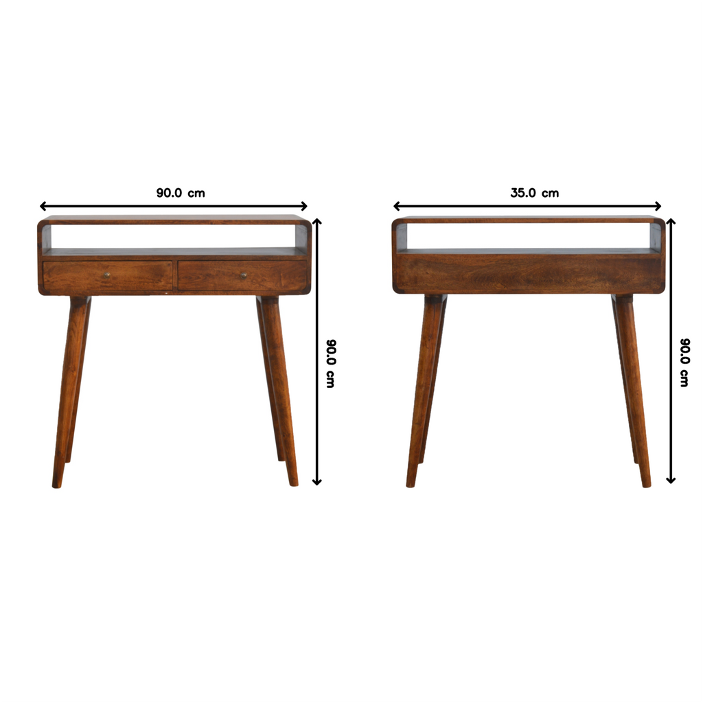 Solid Wood Curved Chestnut Console Table, 2 Drawers, 1 Open Slot, Dark Brown