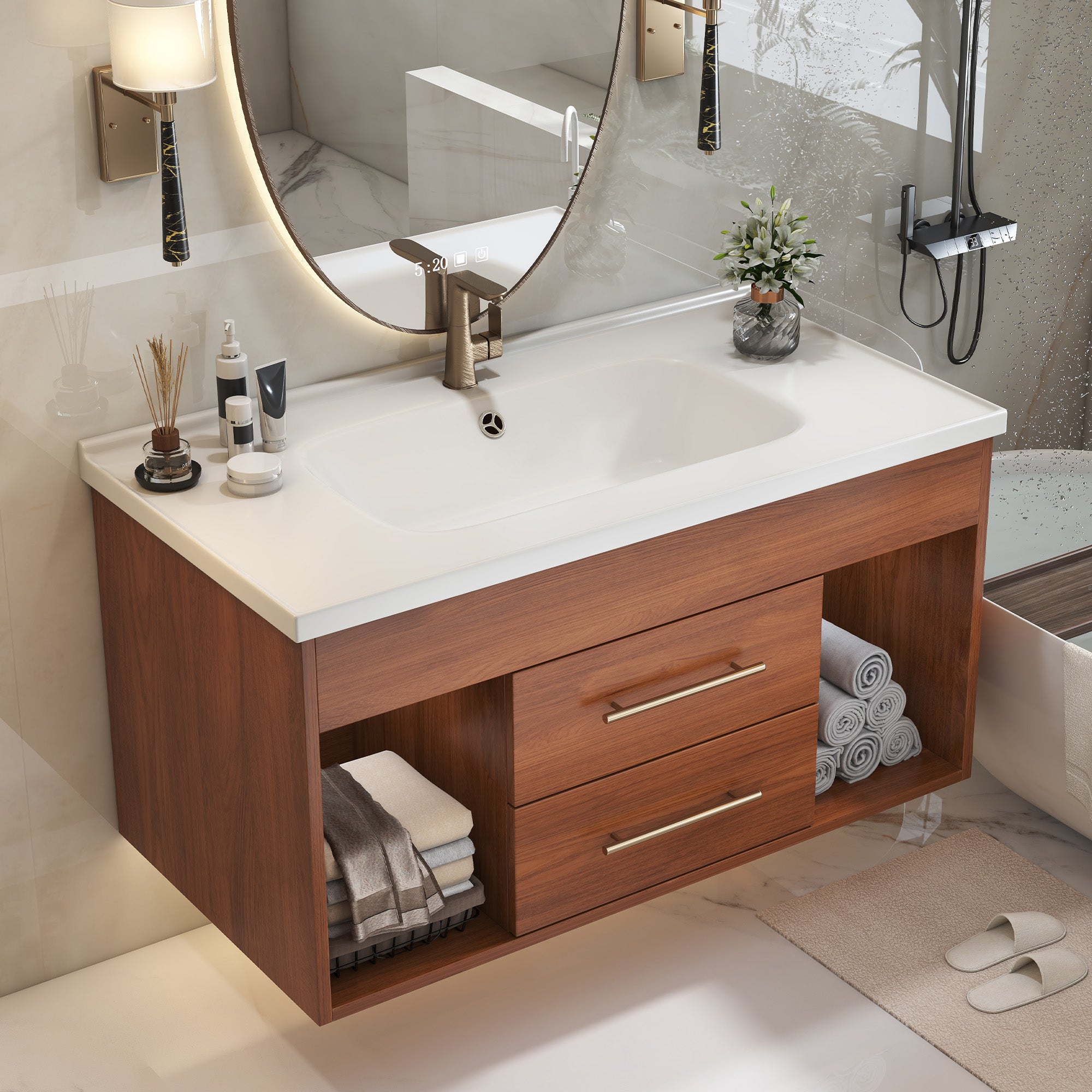 35.4 Mid-Century Modern Single Bathroom Vanity With Integrated Ceramic Undermount Sink