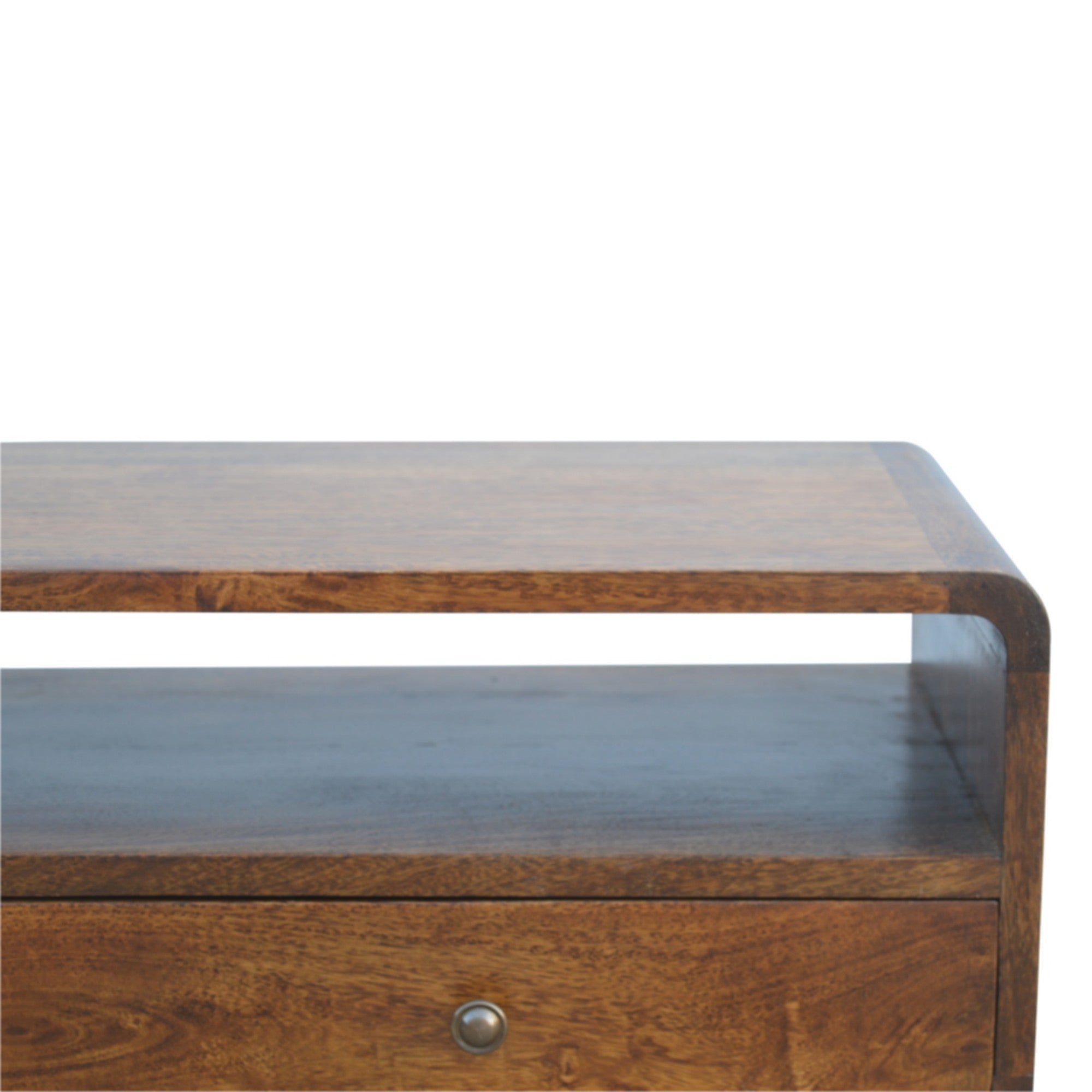 Solid Wood Curved Chestnut Console Table, 2 Drawers, 1 Open Slot, Dark Brown