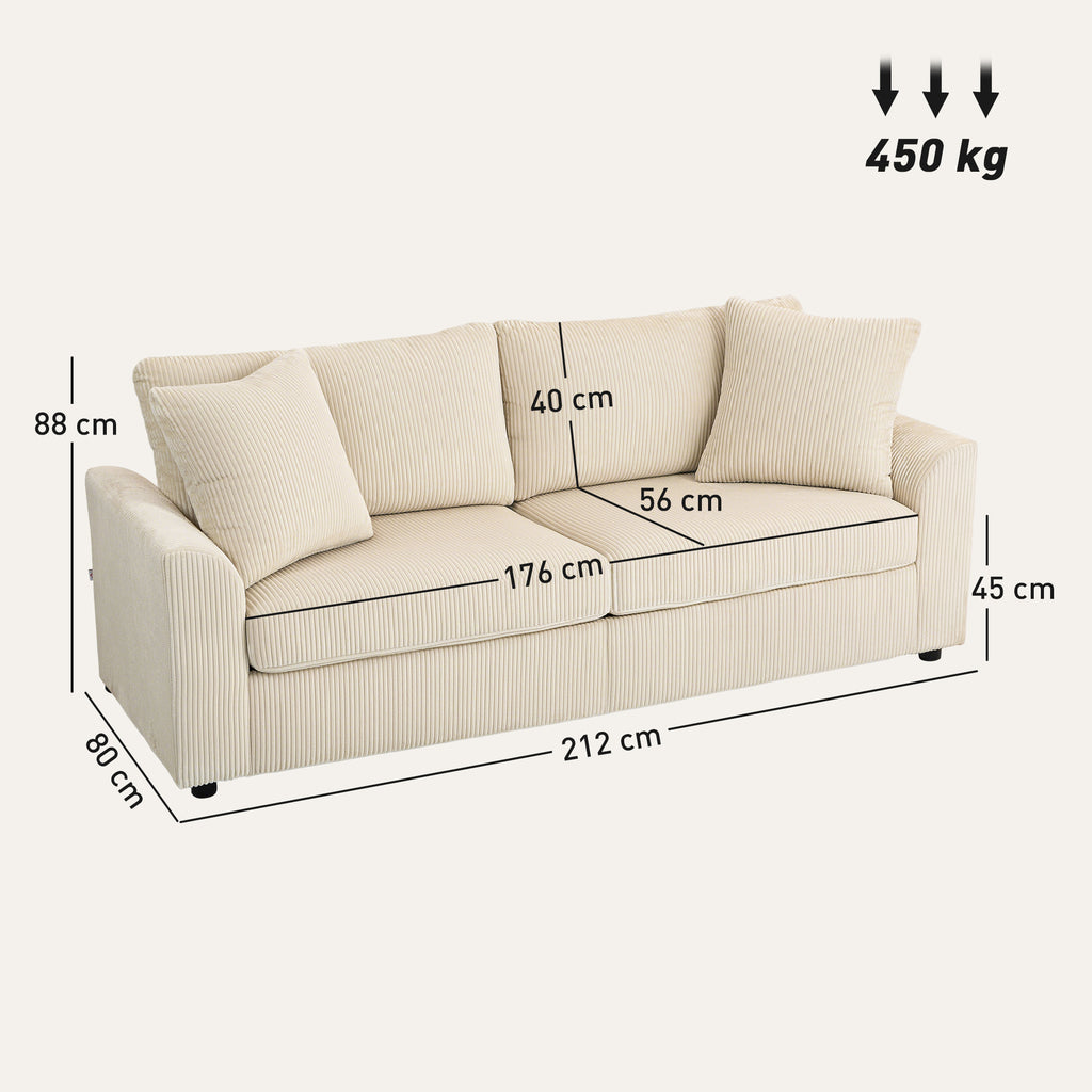 Modern 3 Seater Sofa With Spring Cushion, 212 Cm Fabric Jumbo Cord Sofa Couch With 2 Scatter Cushions, Upholstered Corduroy Settee For Living Room, Bedroom, Home Office, Cream White