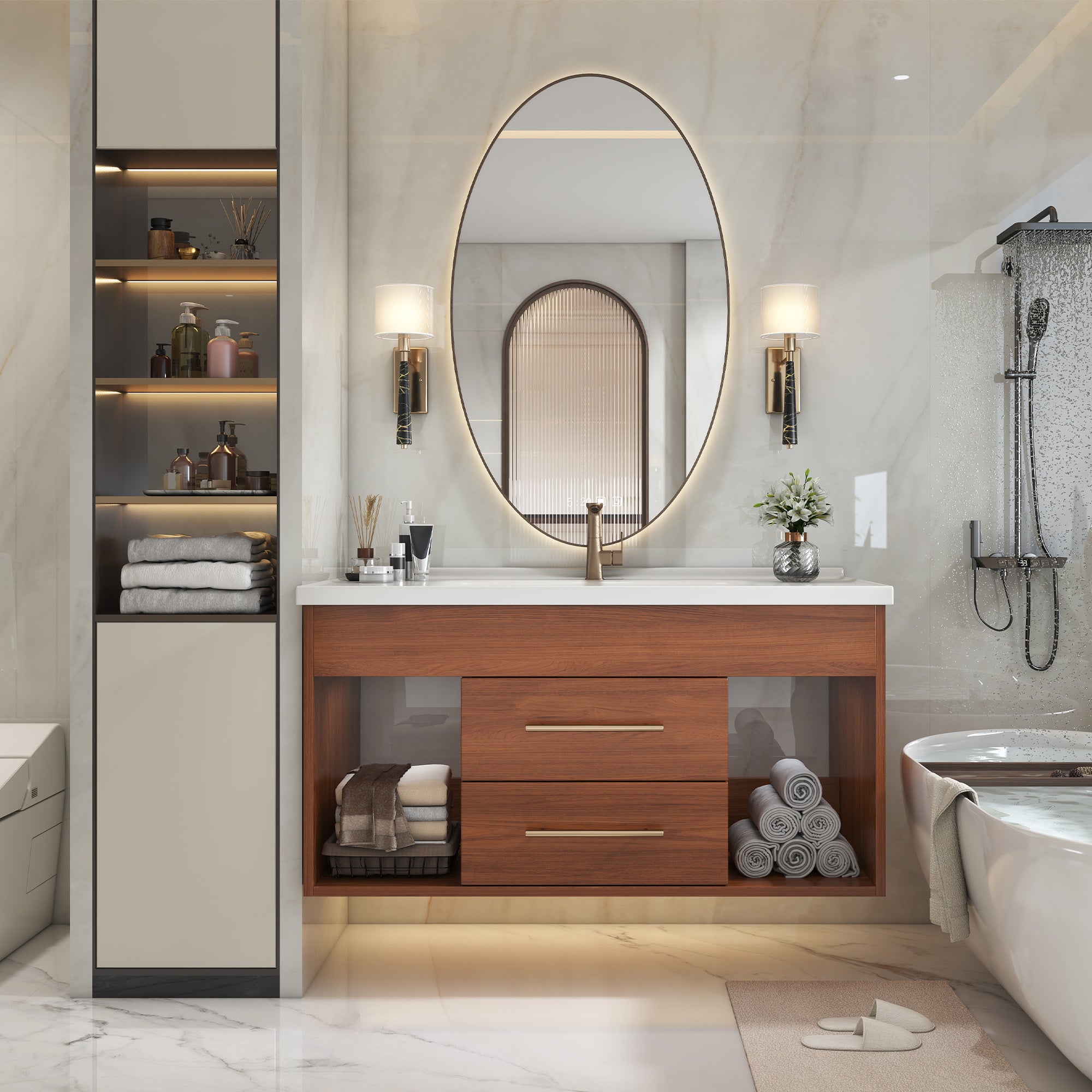 35.4 Mid-Century Modern Single Bathroom Vanity With Integrated Ceramic Undermount Sink