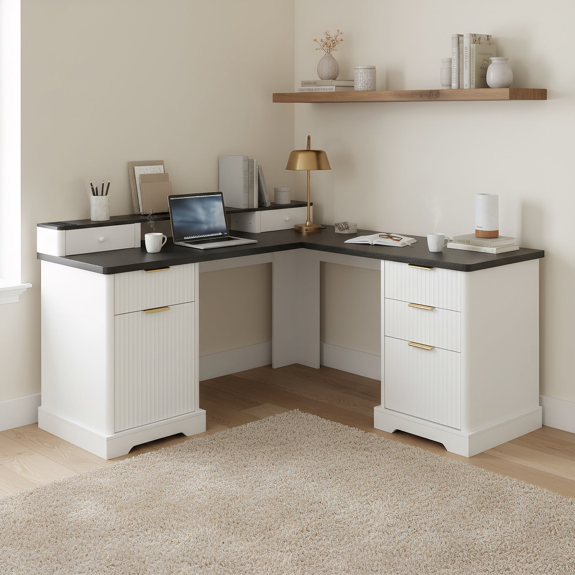 59 Modern Fluted L-Shaped Desk With Charging Station Storage Cabinet - Home Office Computer Desk With Monitor Stand, File Drawer And Removable Support Shelf For Study, Home Office, White