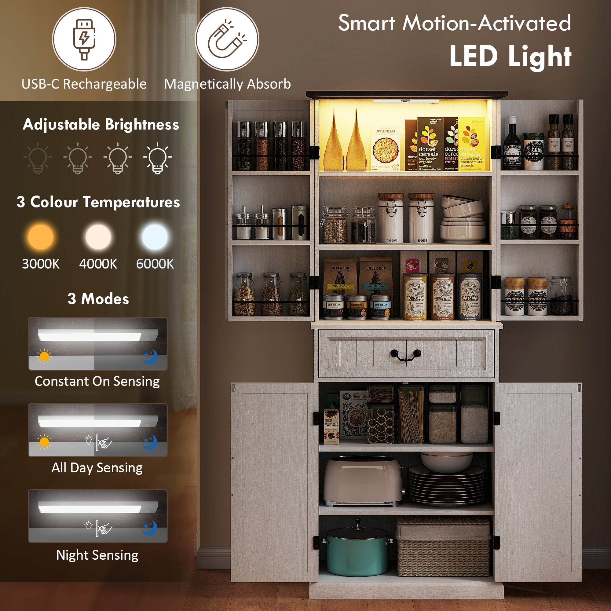 71" Led Kitchen Pantry Cabinet, Farmhouse Storage Cabinet With Door Shelves, Distressed White