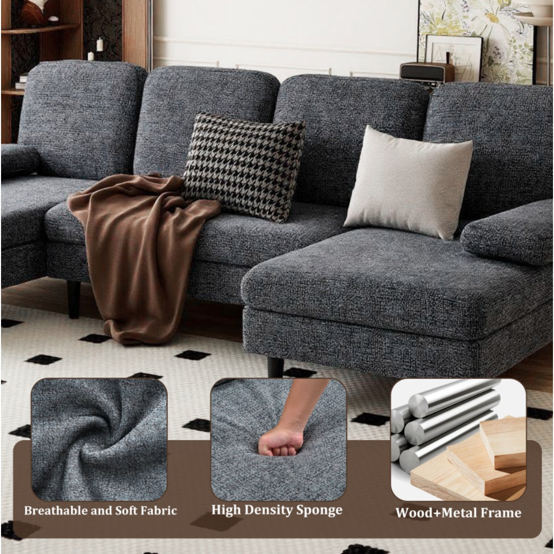 U-Shaped Combination Sofa, Double Lounge Chair, Chenille Fabric 4-Seat Living Room Furniture