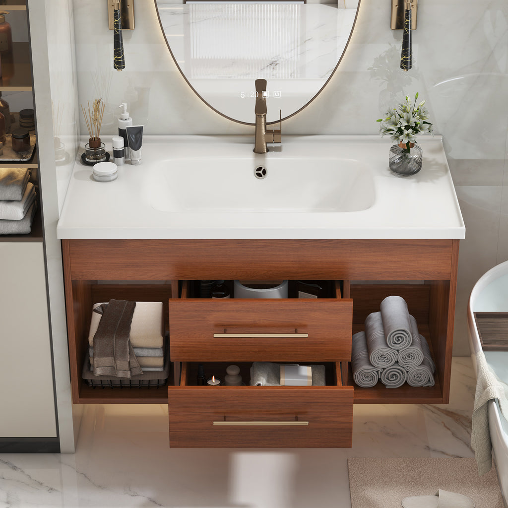 35.4 Mid-Century Modern Single Bathroom Vanity With Integrated Ceramic Undermount Sink