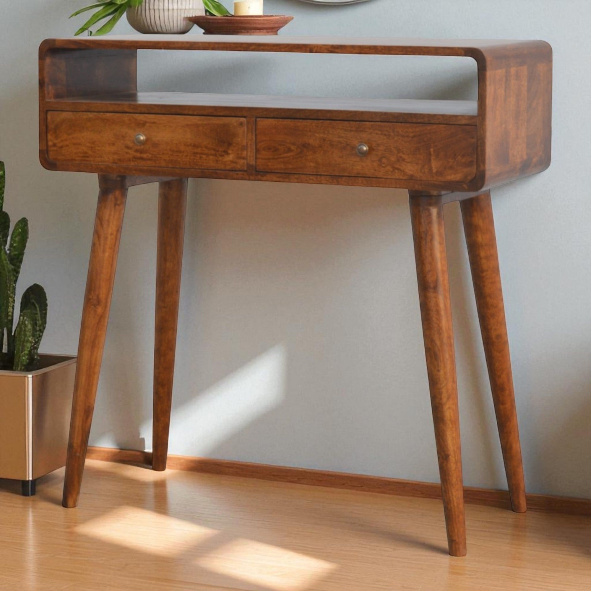 Solid Wood Curved Chestnut Console Table, 2 Drawers, 1 Open Slot, Dark Brown