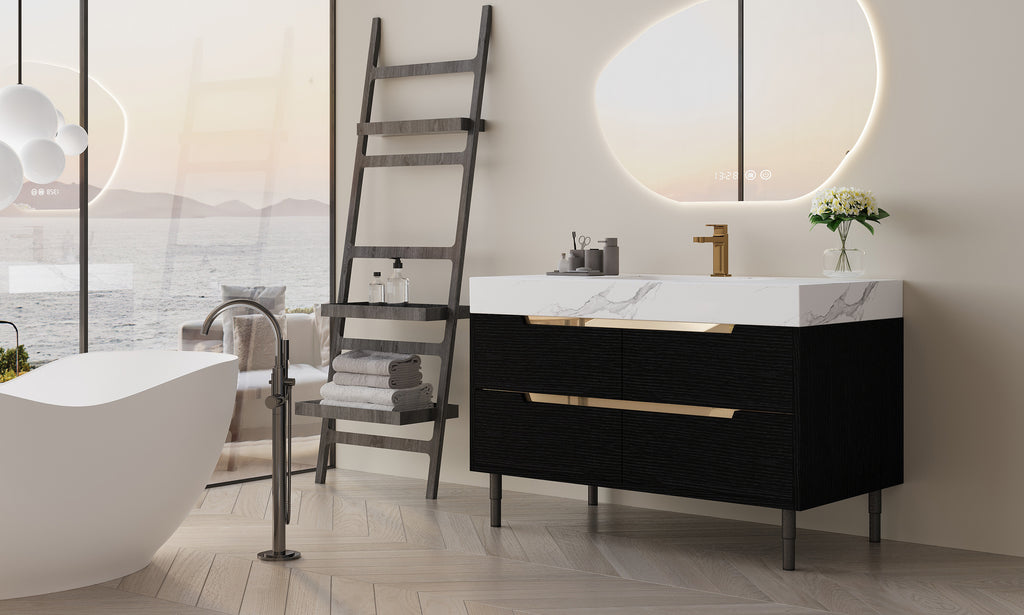 35.4 Modern Bathroom Vanity With Undermount Sink, Sintered Stone Top, Waterproof Multi-Layer Solid Wood, 4 Drawers Storage, Free Standing Wall-Mounted