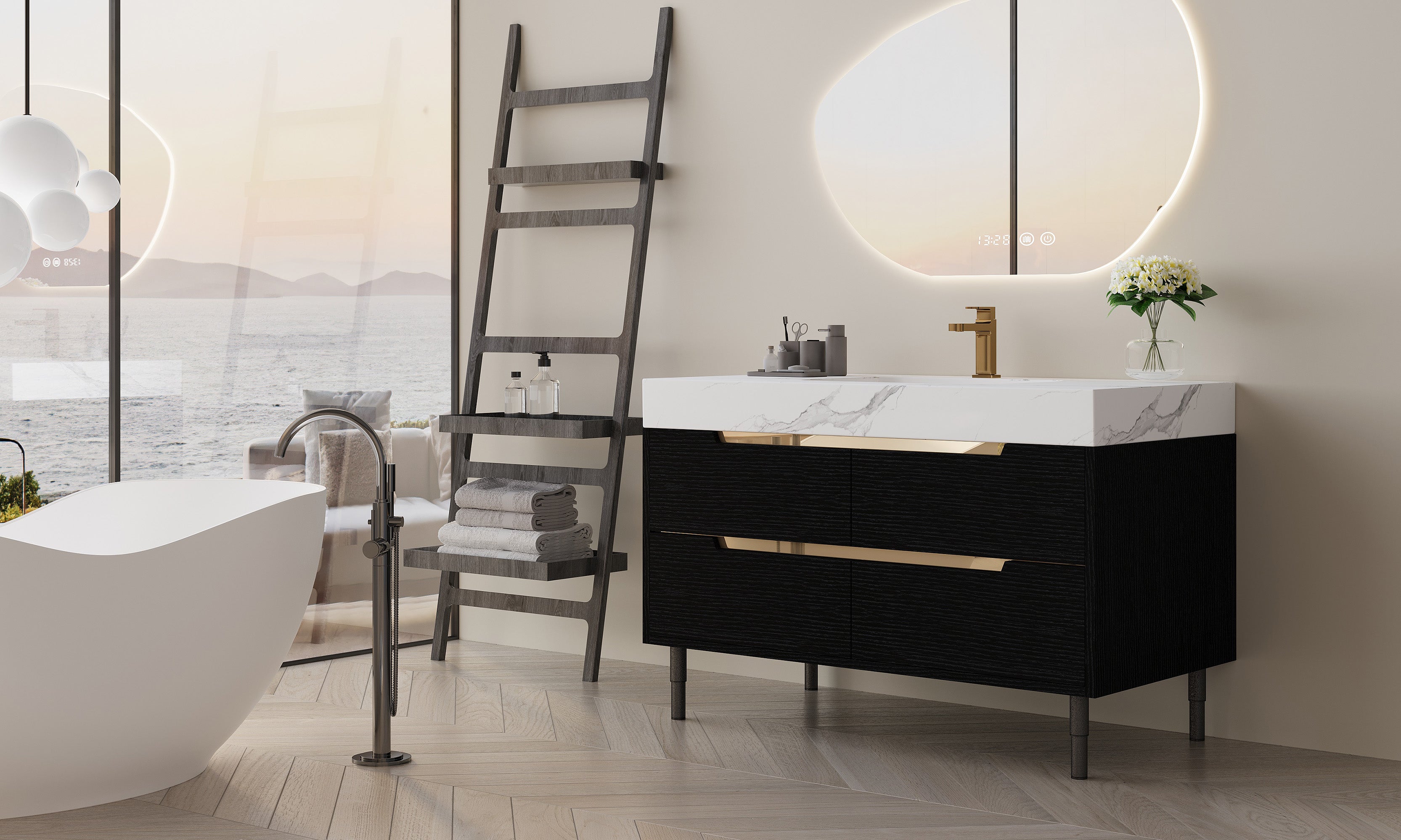 35.4 Modern Bathroom Vanity With Undermount Sink, Sintered Stone Top, Waterproof Multi-Layer Solid Wood, 4 Drawers Storage, Free Standing Wall-Mounted