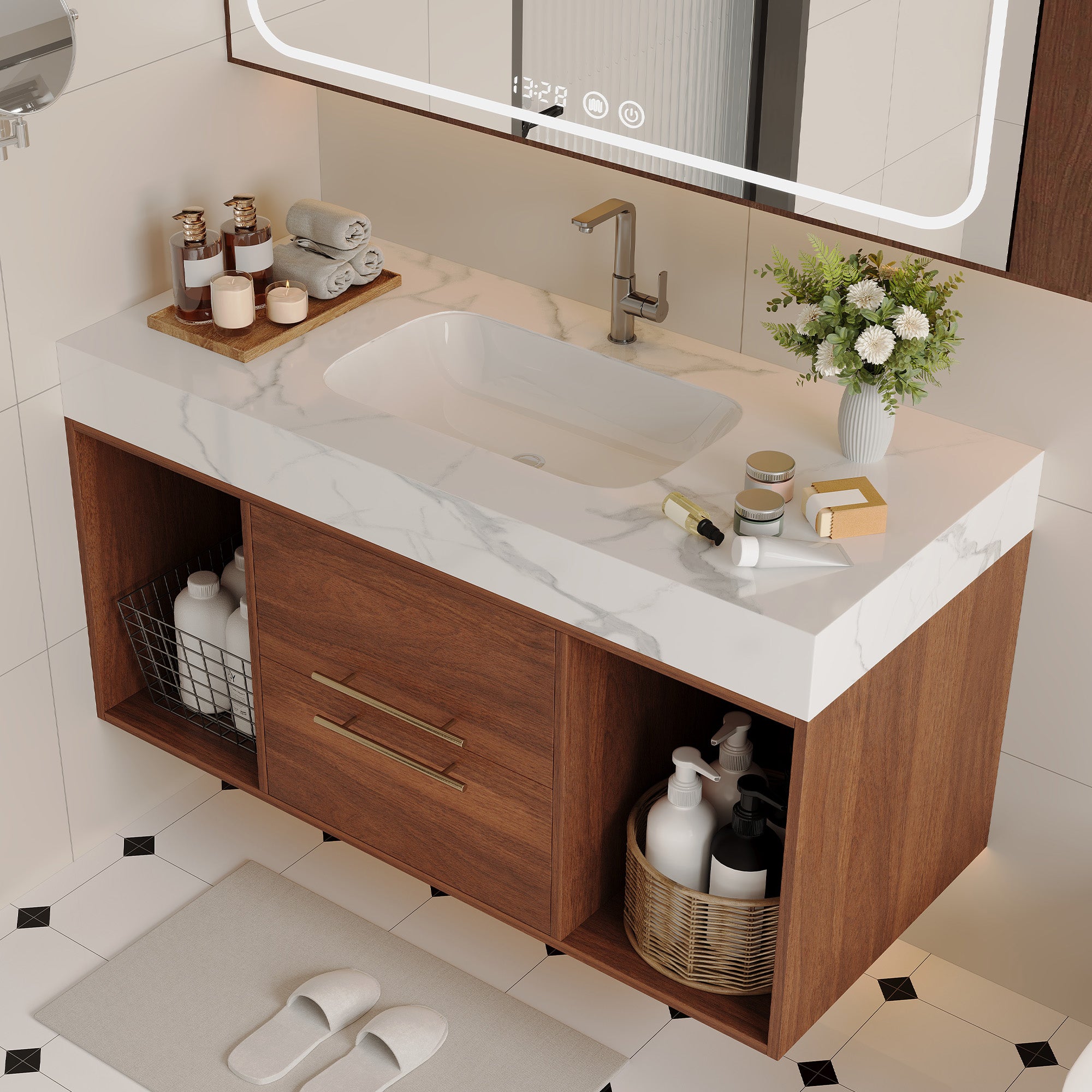 39.4 Floating Bathroom Vanity With Ceramic Sink,Wall Mounted Vanity 2 Soft Close Drawer And White Slate Top