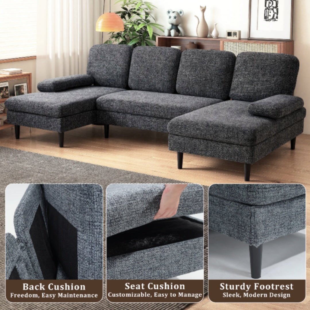 U-Shaped Combination Sofa, Double Lounge Chair, Chenille Fabric 4-Seat Living Room Furniture