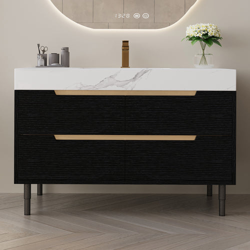 35.4 Modern Bathroom Vanity With Undermount Sink, Sintered Stone Top, Waterproof Multi-Layer Solid Wood, 4 Drawers Storage, Free Standing Wall-Mounted