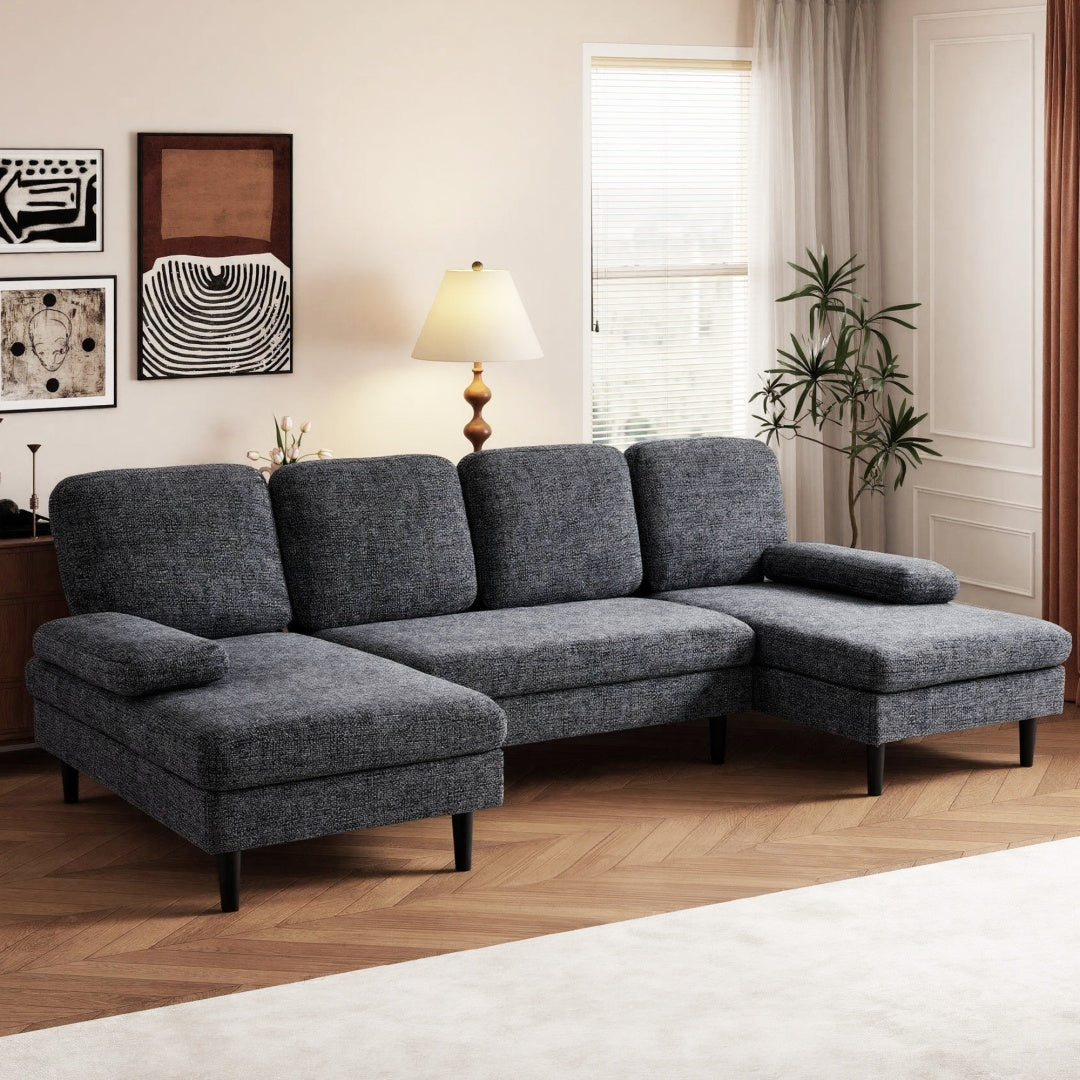 U-Shaped Combination Sofa, Double Lounge Chair, Chenille Fabric 4-Seat Living Room Furniture