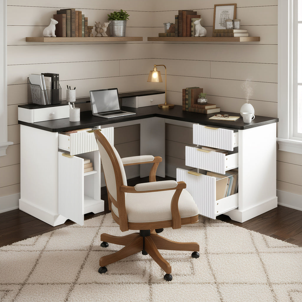 59 Modern Fluted L-Shaped Desk With Charging Station Storage Cabinet - Home Office Computer Desk With Monitor Stand, File Drawer And Removable Support Shelf For Study, Home Office, White