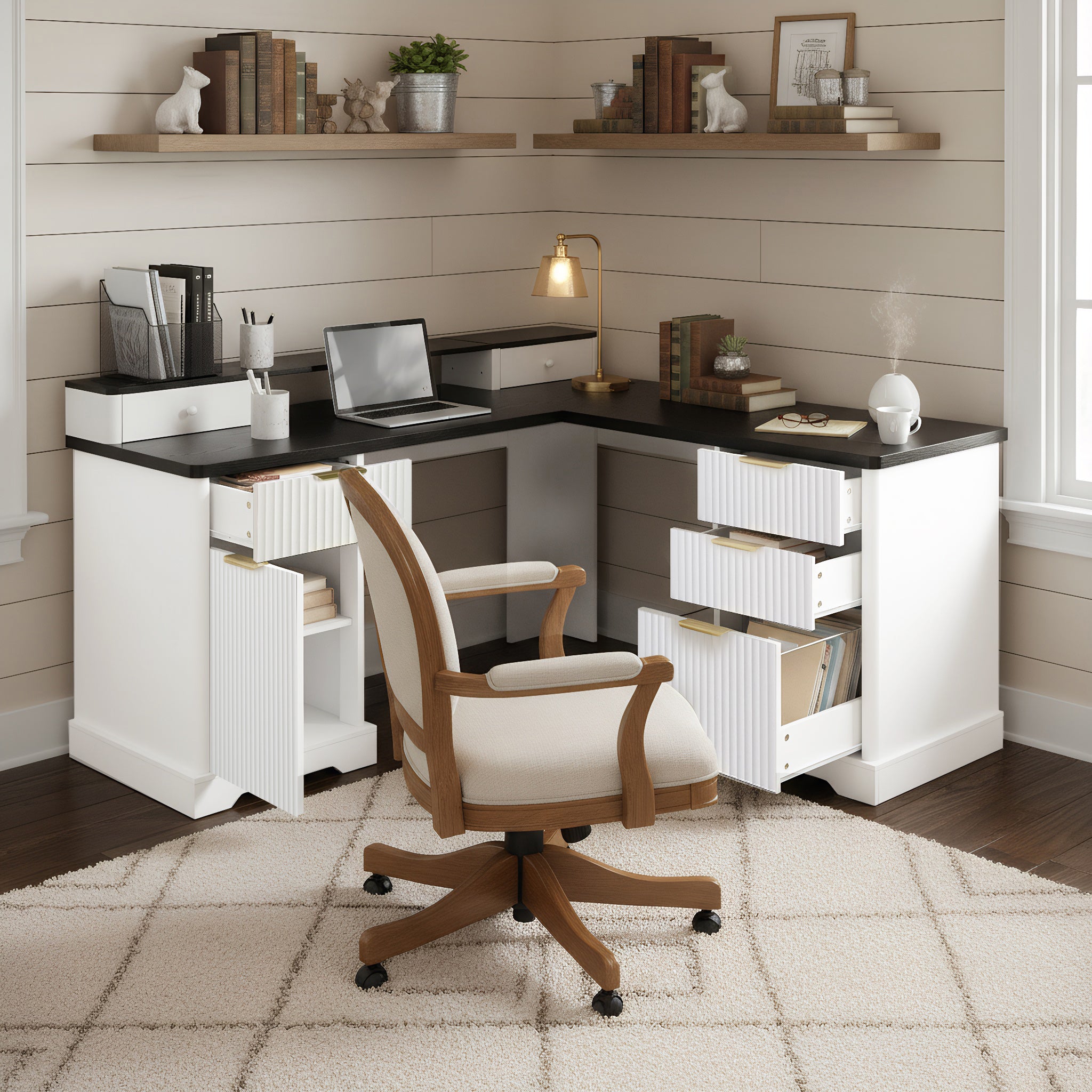 59 Modern Fluted L-Shaped Desk With Charging Station Storage Cabinet - Home Office Computer Desk With Monitor Stand, File Drawer And Removable Support Shelf For Study, Home Office, White
