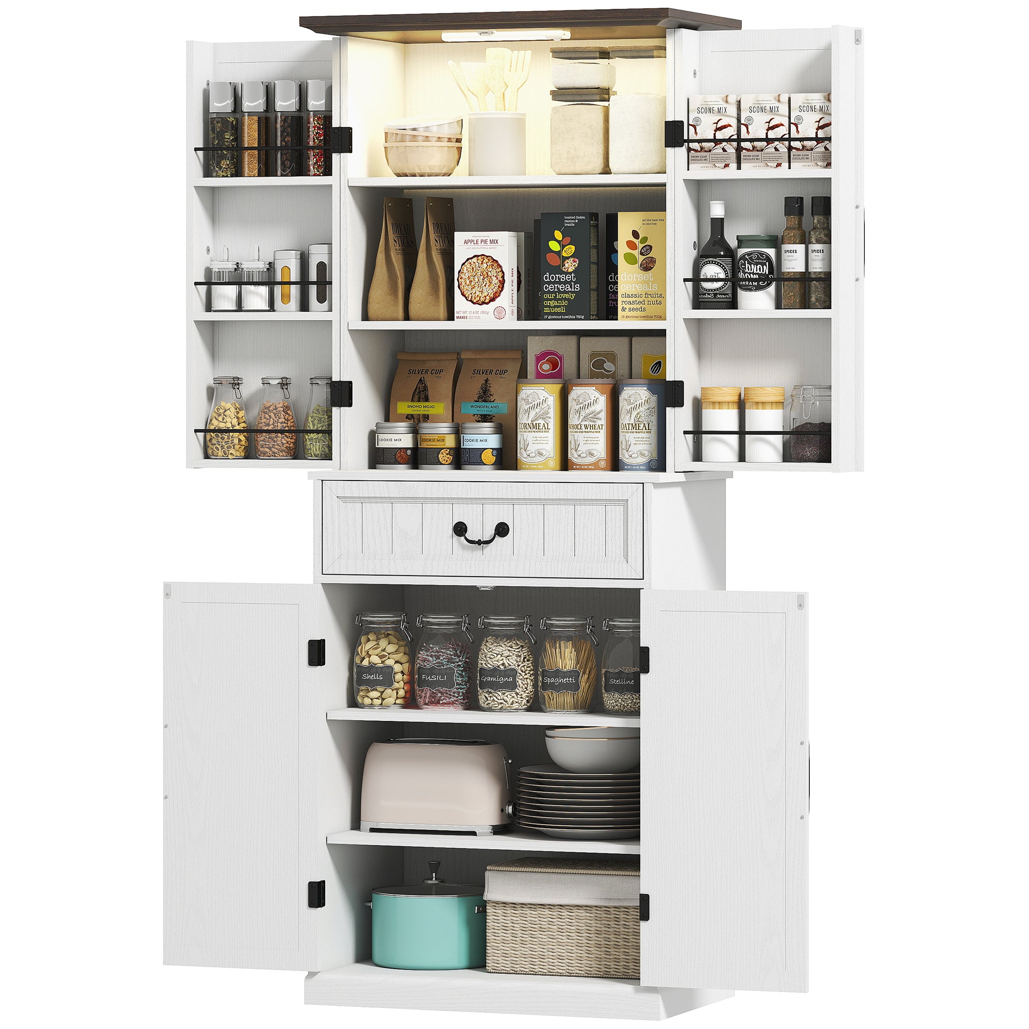 71" Led Kitchen Pantry Cabinet, Farmhouse Storage Cabinet With Door Shelves, Distressed White
