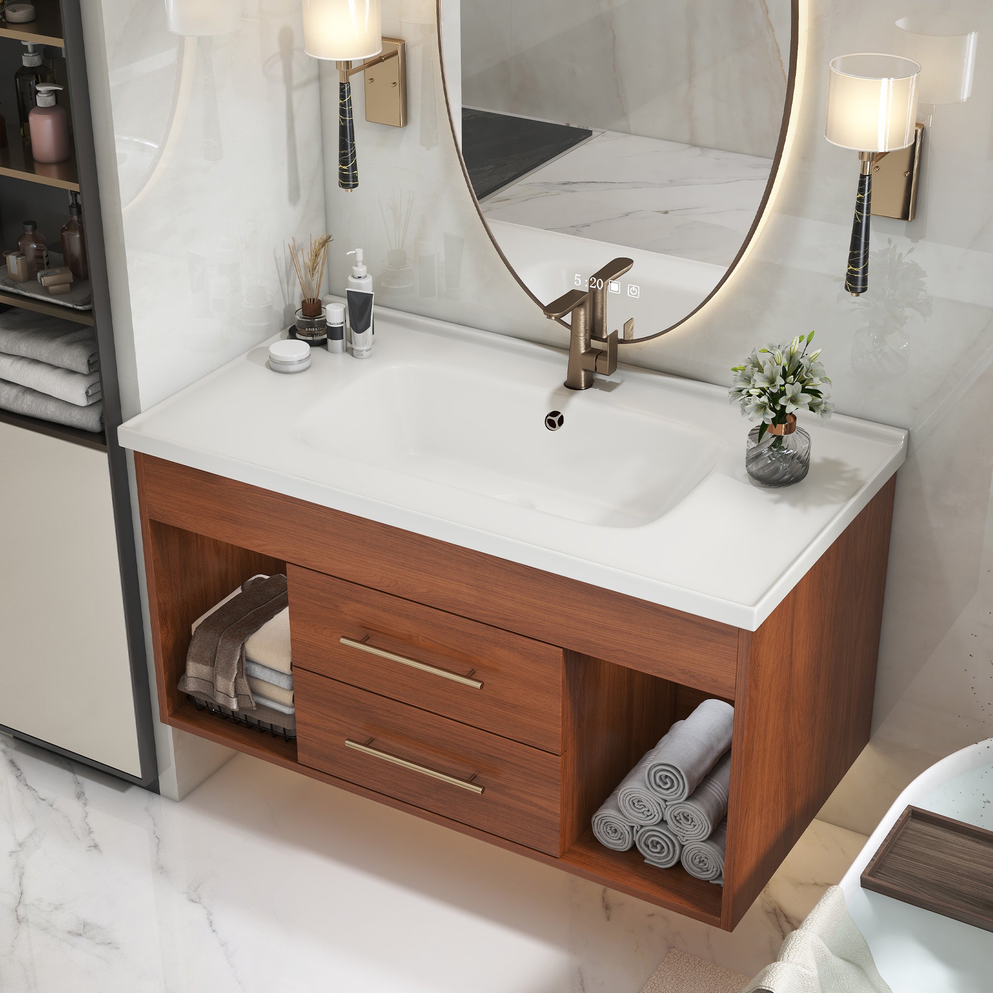 35.4 Mid-Century Modern Single Bathroom Vanity With Integrated Ceramic Undermount Sink