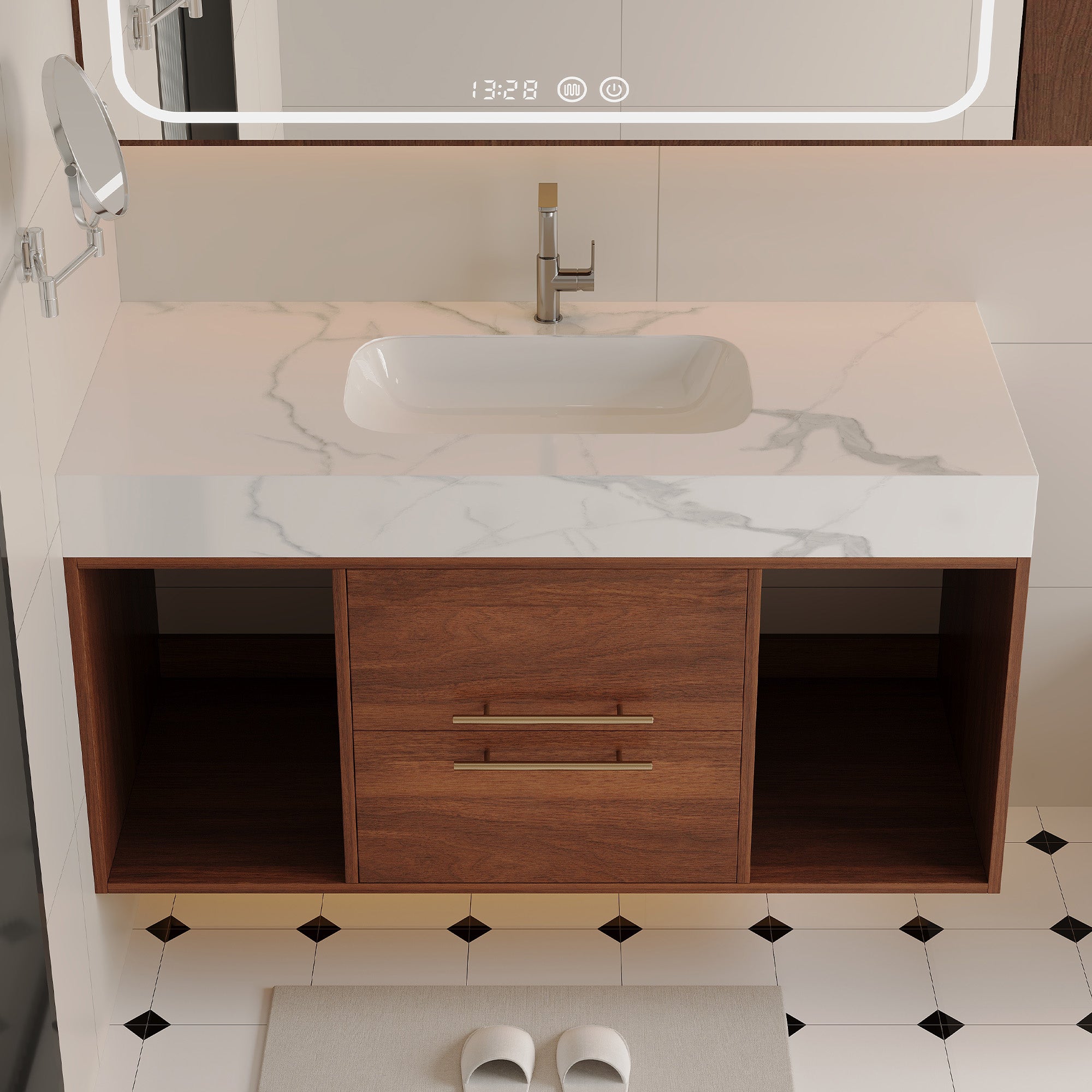 39.4 Floating Bathroom Vanity With Ceramic Sink,Wall Mounted Vanity 2 Soft Close Drawer And White Slate Top