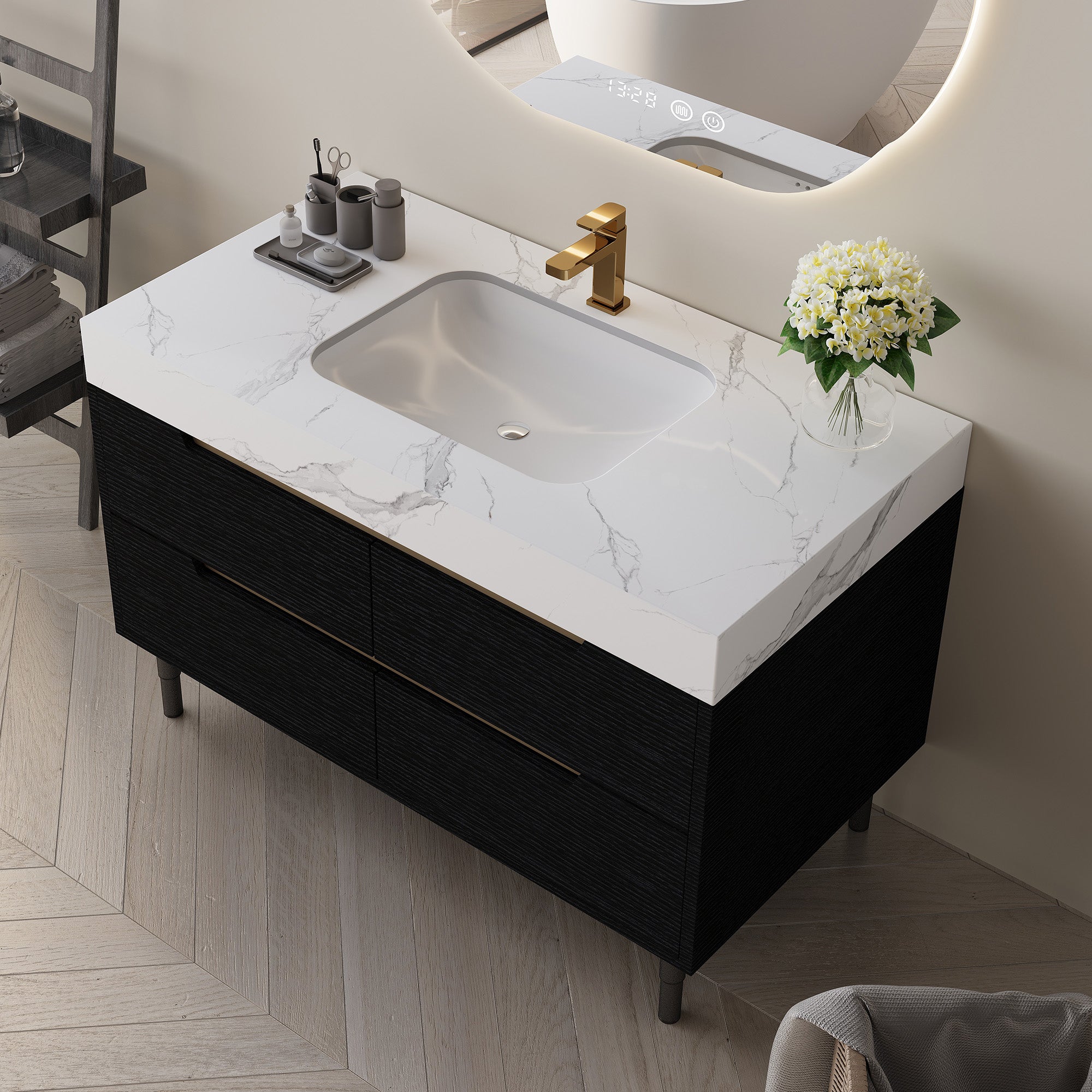 35.4 Modern Bathroom Vanity With Undermount Sink, Sintered Stone Top, Waterproof Multi-Layer Solid Wood, 4 Drawers Storage, Free Standing Wall-Mounted