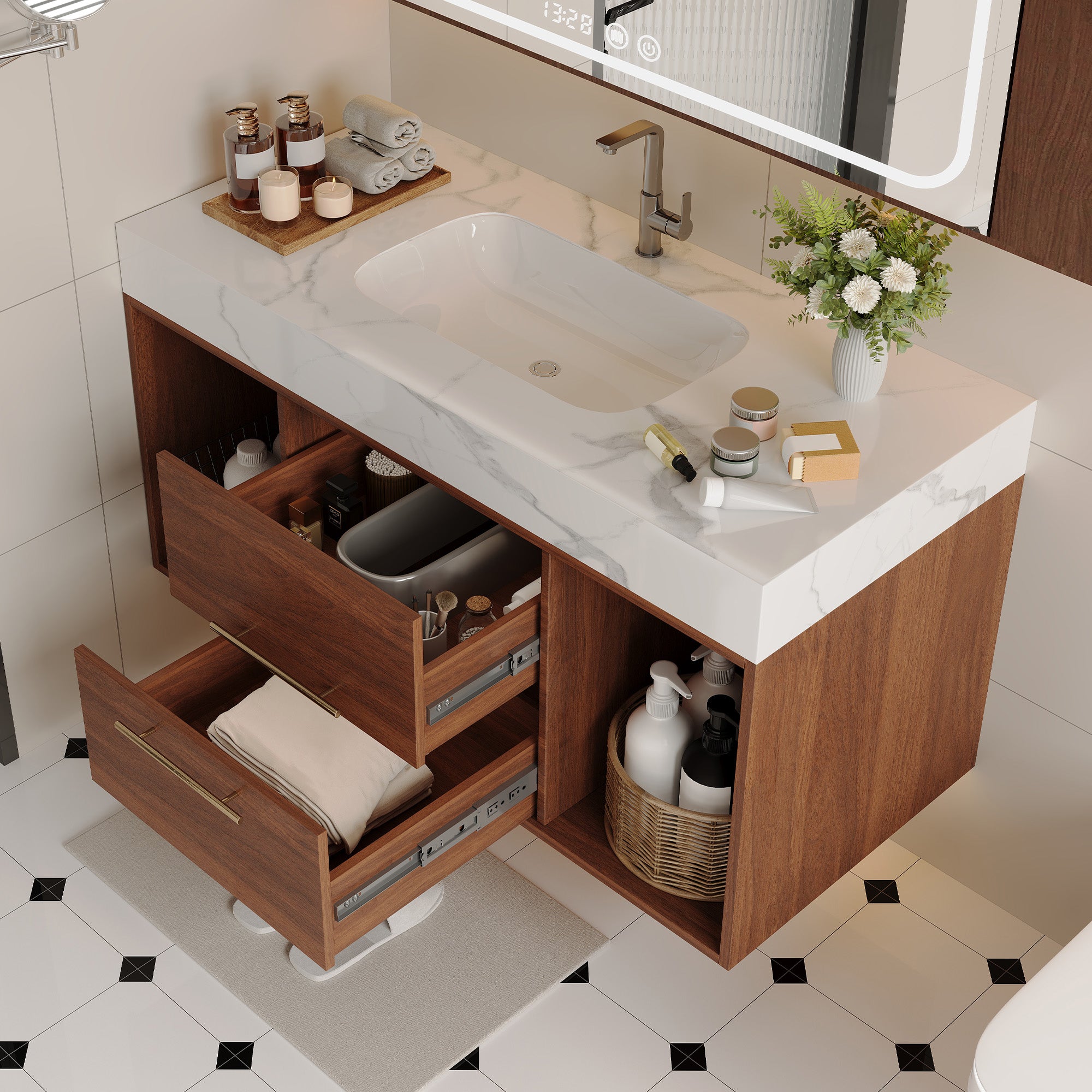 39.4 Floating Bathroom Vanity With Ceramic Sink,Wall Mounted Vanity 2 Soft Close Drawer And White Slate Top