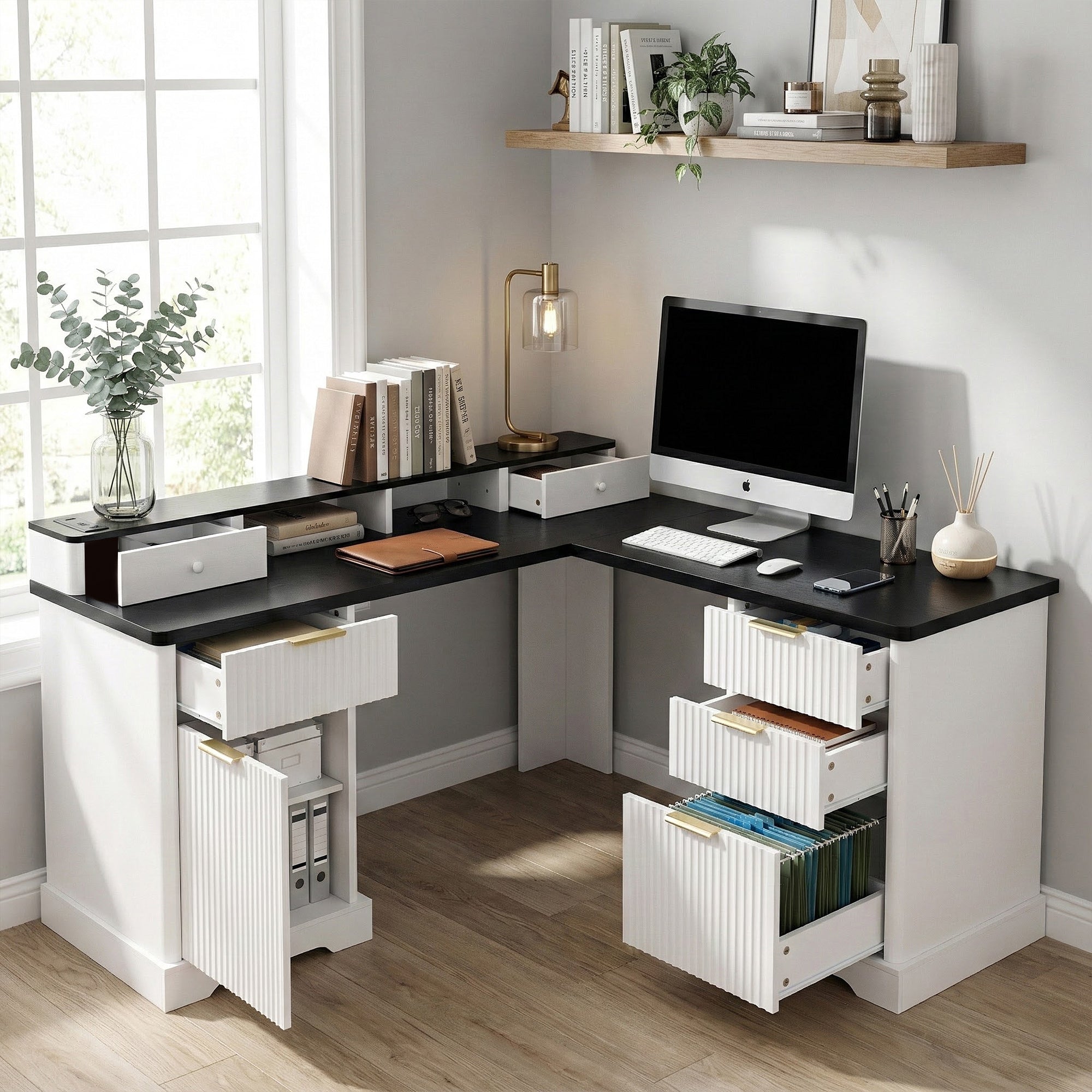 59 Modern Fluted L-Shaped Desk With Charging Station Storage Cabinet - Home Office Computer Desk With Monitor Stand, File Drawer And Removable Support Shelf For Study, Home Office, White