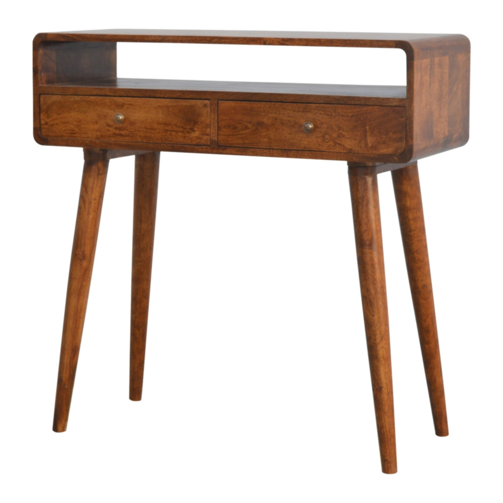 Solid Wood Curved Chestnut Console Table, 2 Drawers, 1 Open Slot, Dark Brown