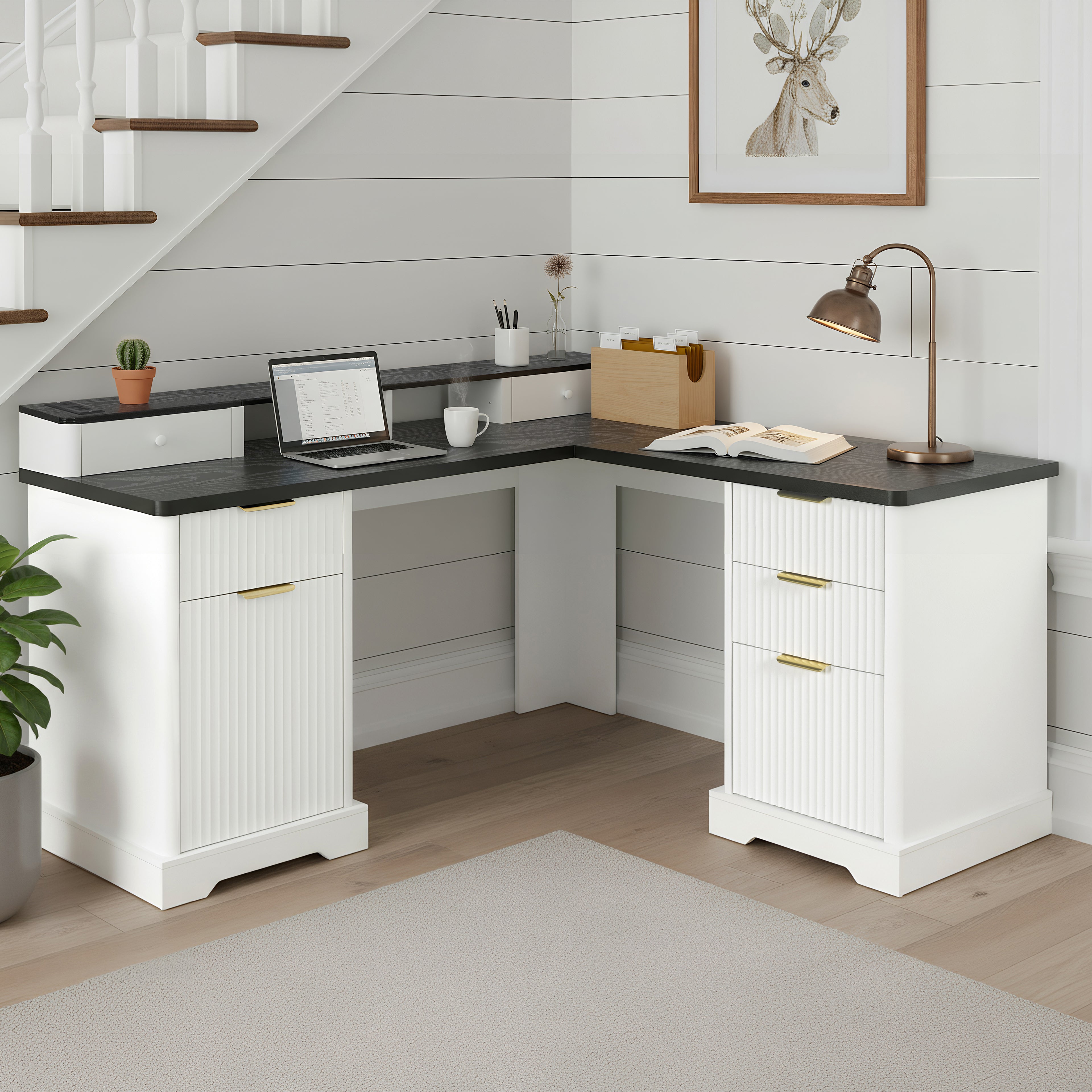 59 Modern Fluted L-Shaped Desk With Charging Station Storage Cabinet - Home Office Computer Desk With Monitor Stand, File Drawer And Removable Support Shelf For Study, Home Office, White