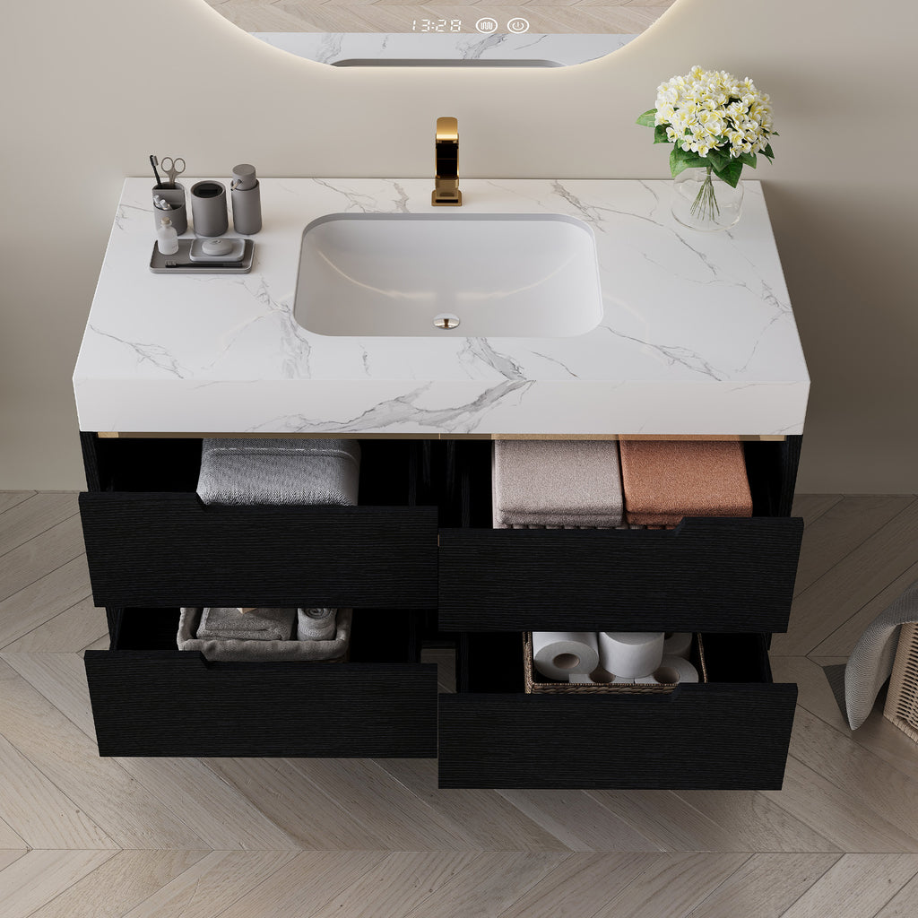 35.4 Modern Bathroom Vanity With Undermount Sink, Sintered Stone Top, Waterproof Multi-Layer Solid Wood, 4 Drawers Storage, Free Standing Wall-Mounted