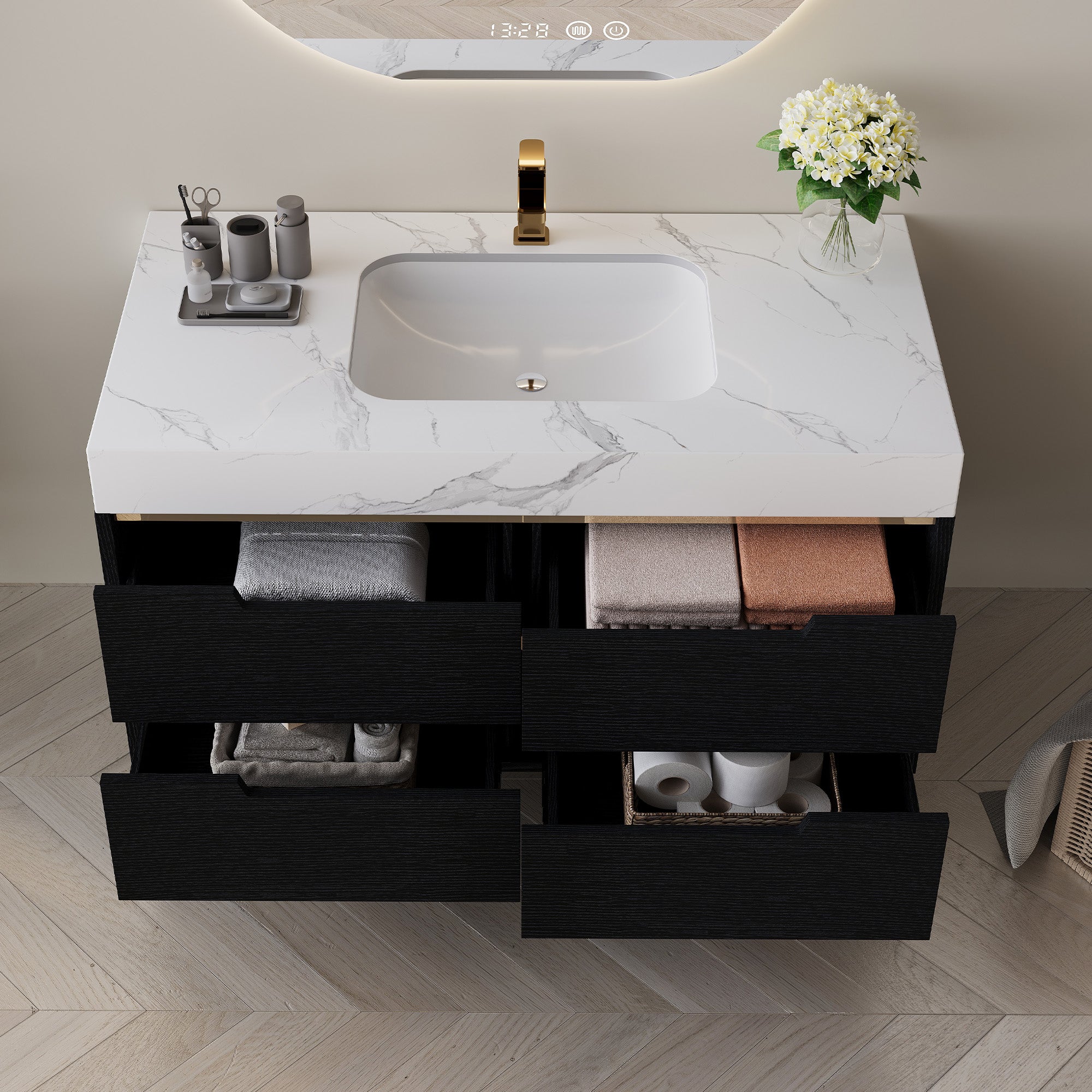35.4 Modern Bathroom Vanity With Undermount Sink, Sintered Stone Top, Waterproof Multi-Layer Solid Wood, 4 Drawers Storage, Free Standing Wall-Mounted