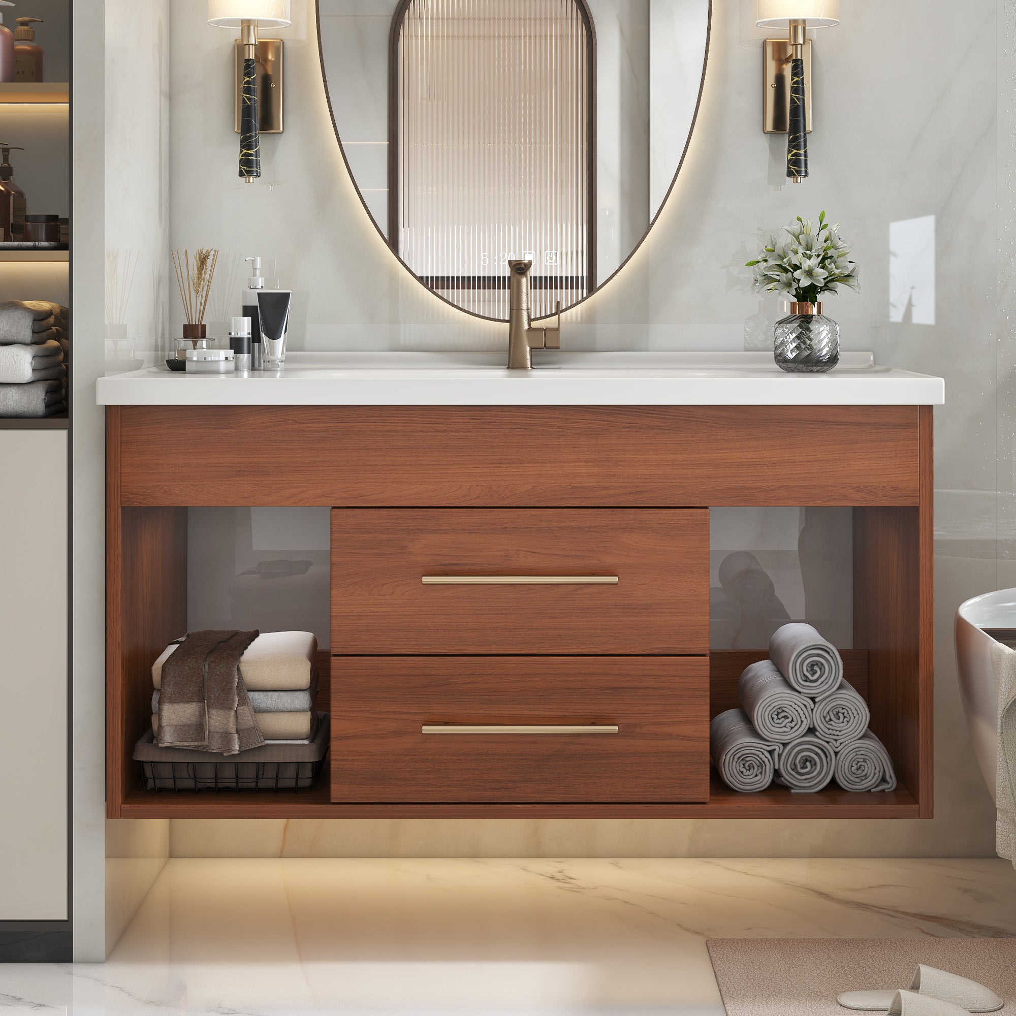 35.4 Mid-Century Modern Single Bathroom Vanity With Integrated Ceramic Undermount Sink